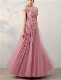 Picture of Pink Off Shoulder Tulle Long Party Dresses, Pink Bridesmaid Dresses